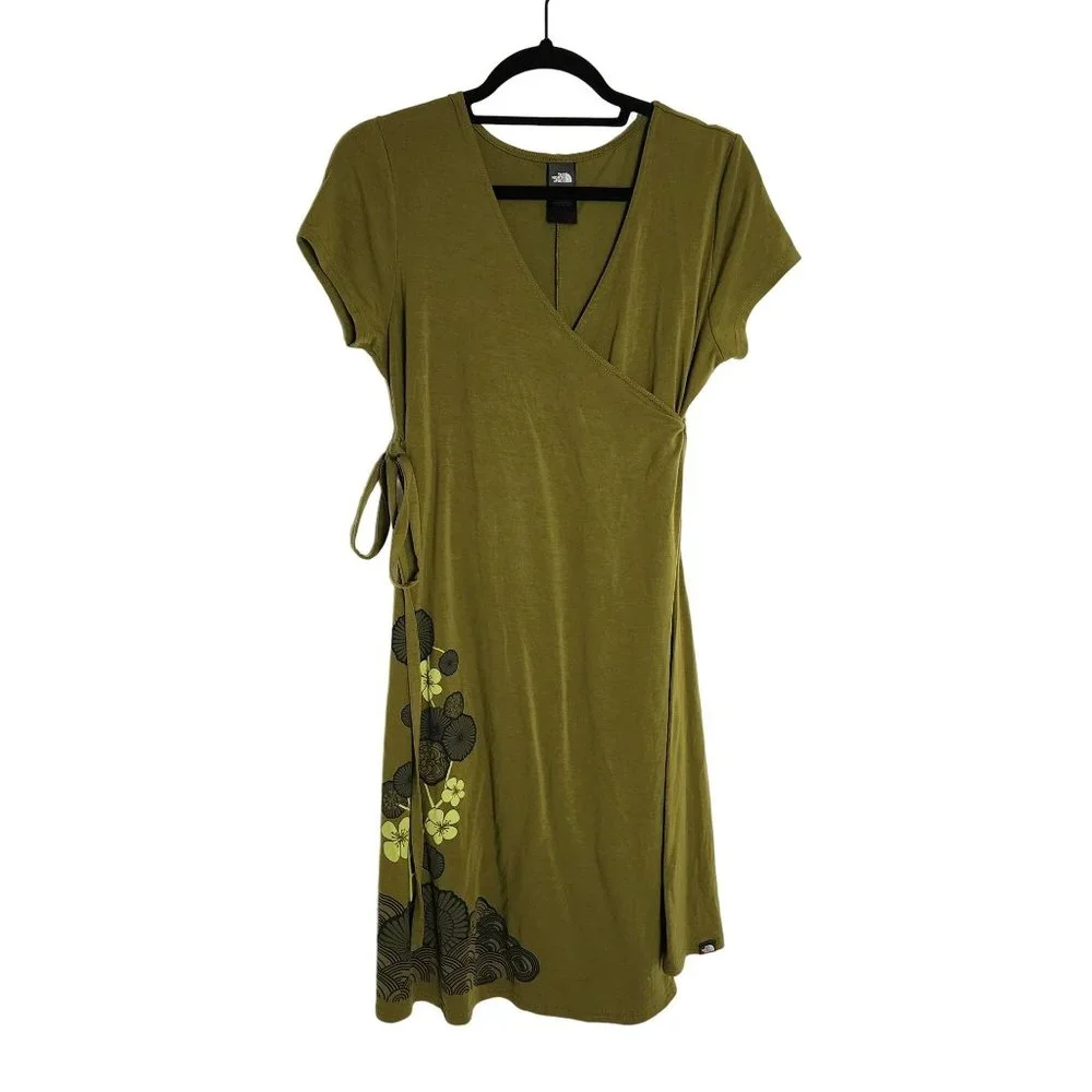 The North Face Kayla Olive Floral Wrap Jersey Pocket Midi Dress Sz S - Picture 1 of 4